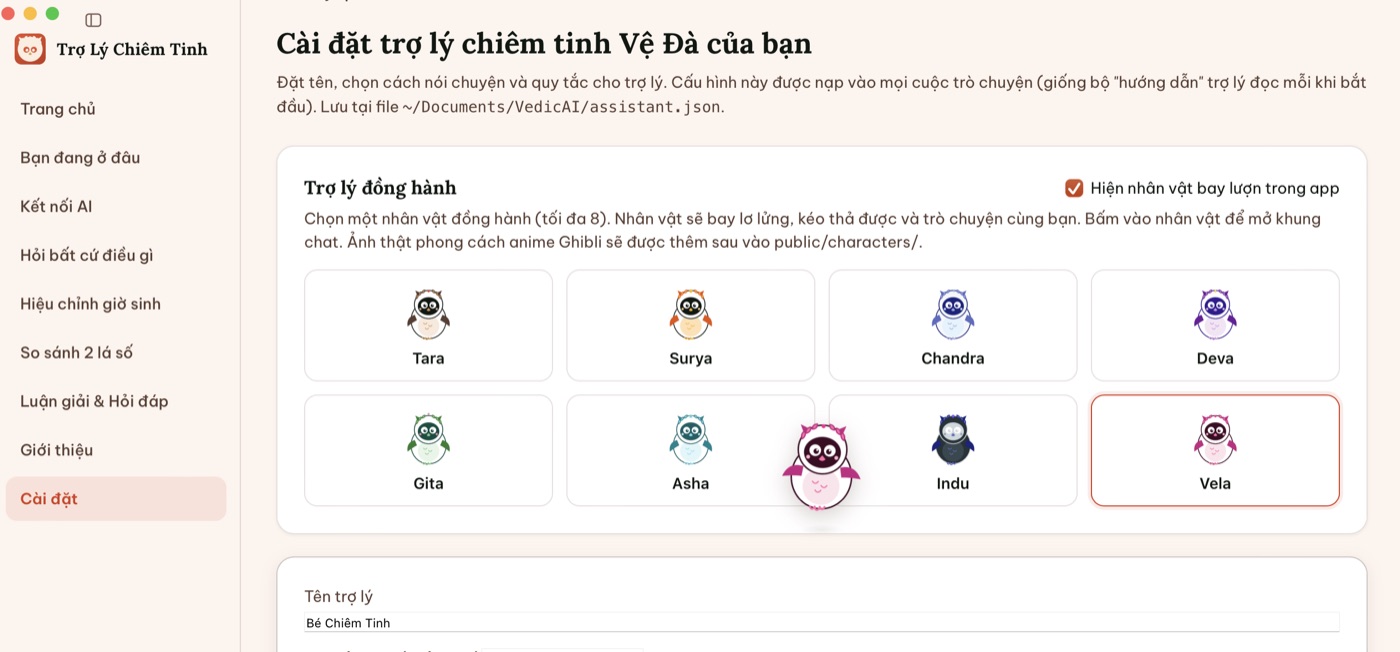 Màn hình cài đặt nhân vật trợ lý
